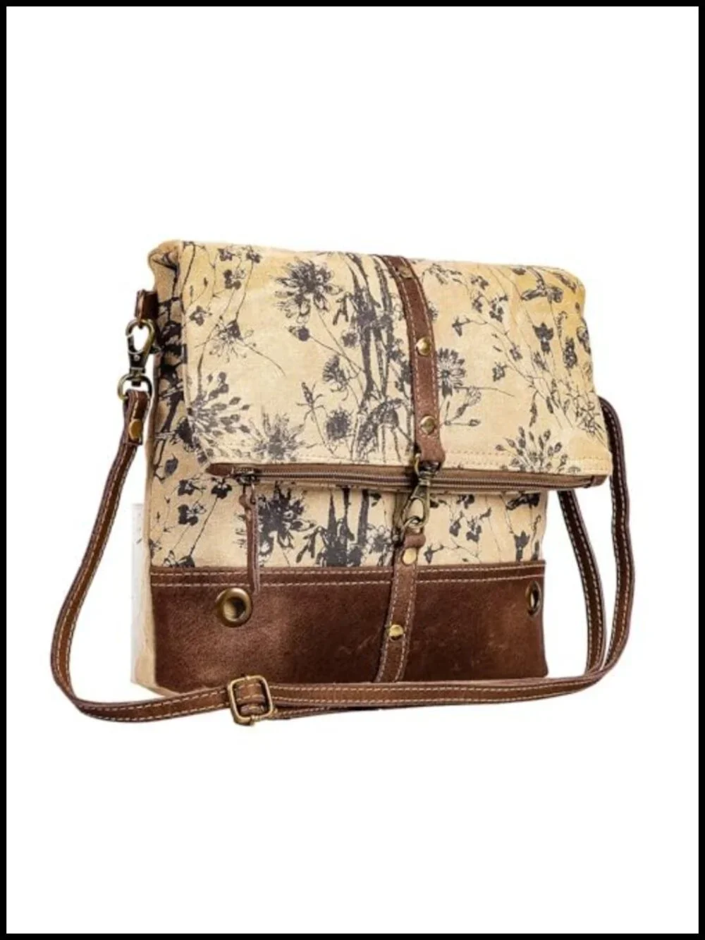 Upcycled Canvas & Leather Crossbody Bag with Floral Pattern